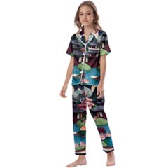 Japanese Garden Flowers Landscape Kids  Satin Short Sleeve Pajamas Set by danenraven