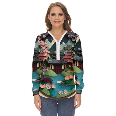 Japanese Garden Flowers Landscape Zip Up Long Sleeve Blouse by danenraven