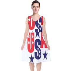 Usa Stars Fourth Of July Symbol America Usa Stars V-neck Midi Sleeveless Dress  by Wegoenart