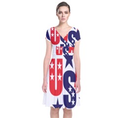 Usa Stars Fourth Of July Symbol America Usa Stars Short Sleeve Front Wrap Dress by Wegoenart