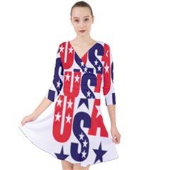 Usa Stars Fourth Of July Symbol America Usa Stars Quarter Sleeve Front Wrap Dress by Wegoenart