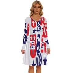 Usa Stars Fourth Of July Symbol America Usa Stars Long Sleeve Dress With Pocket by Wegoenart