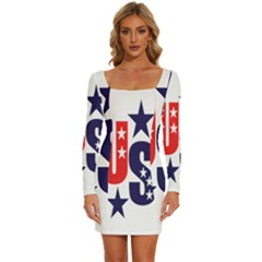 Usa Stars Fourth Of July Symbol America Usa Stars Long Sleeve Square Neck Bodycon Velvet Dress by Wegoenart