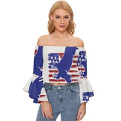 Usa Flag Eagle Symbol American Bald Eagle Country Off Shoulder Flutter Bell Sleeve Top