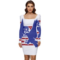 Usa Flag Eagle Symbol American Bald Eagle Country Women Long Sleeve Ruched Stretch Jersey Dress by Wegoenart