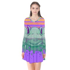 Frog Animal Sun Amphibian Figure Digital Art Long Sleeve V-neck Flare Dress by Wegoenart