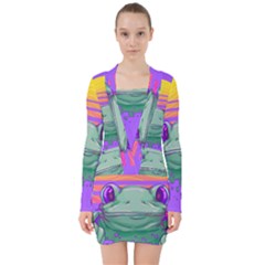 Frog Animal Sun Amphibian Figure Digital Art V-neck Bodycon Long Sleeve Dress by Wegoenart