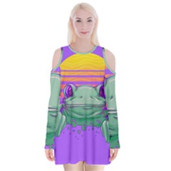 Frog Animal Sun Amphibian Figure Digital Art Velvet Long Sleeve Shoulder Cutout Dress