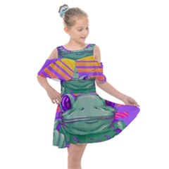 Frog Animal Sun Amphibian Figure Digital Art Kids  Shoulder Cutout Chiffon Dress by Wegoenart