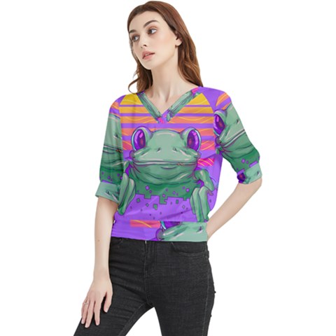 Frog Animal Sun Amphibian Figure Digital Art Quarter Sleeve Blouse by Wegoenart