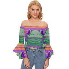 Frog Animal Sun Amphibian Figure Digital Art Off Shoulder Flutter Bell Sleeve Top