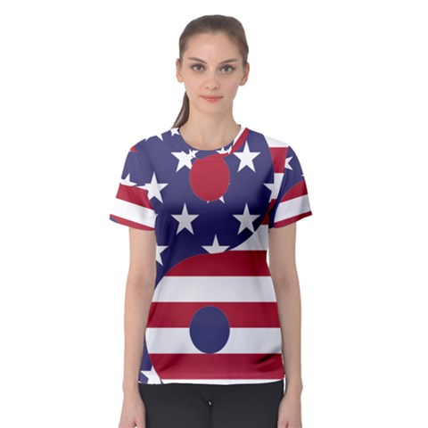 Yang Yin America Flag Abstract Art Asian Balance Women s Sport Mesh Tee by Wegoenart