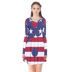 Yang Yin America Flag Abstract Art Asian Balance Long Sleeve V-neck Flare Dress by Wegoenart