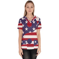 Yang Yin America Flag Abstract Art Asian Balance Women s V-neck Scrub Top by Wegoenart