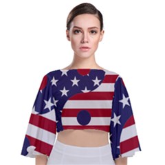 Yang Yin America Flag Abstract Art Asian Balance Tie Back Butterfly Sleeve Chiffon Top by Wegoenart