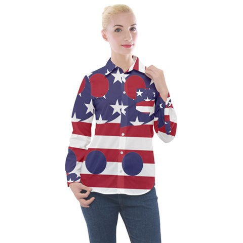 Yang Yin America Flag Abstract Art Asian Balance Women s Long Sleeve Pocket Shirt by Wegoenart