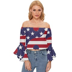 Yang Yin America Flag Abstract Art Asian Balance Off Shoulder Flutter Bell Sleeve Top