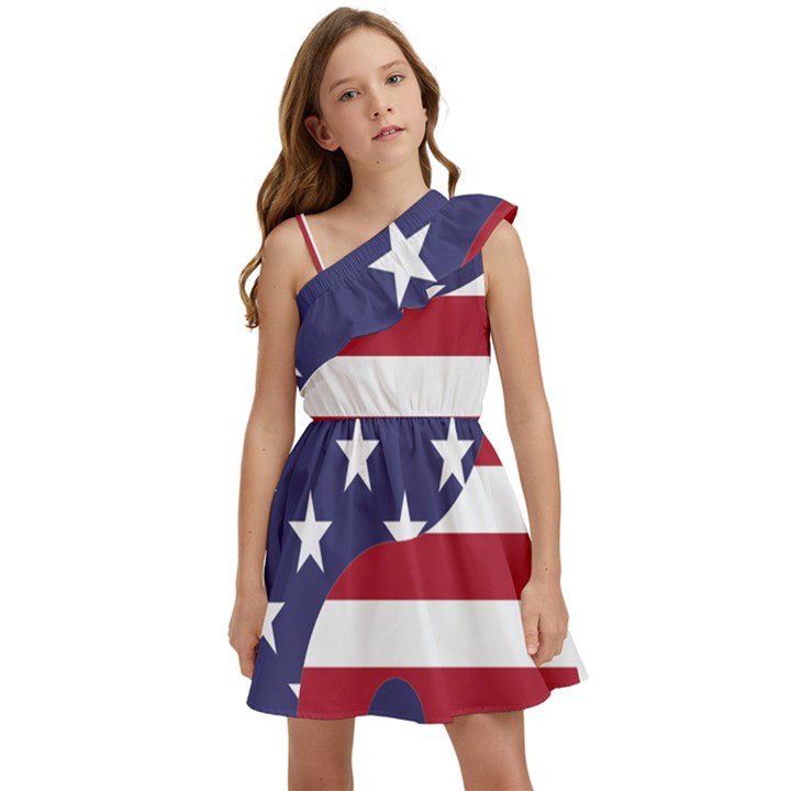 Yang Yin America Flag Abstract Art Asian Balance Kids  One Shoulder Party Dress