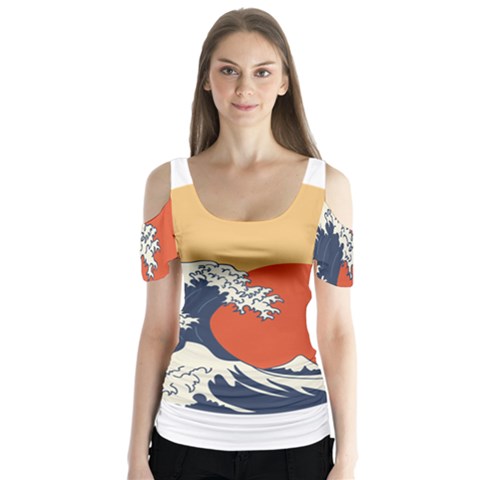 The Great Wave Off Kanagawa Waves Butterfly Sleeve Cutout Tee  by Wegoenart