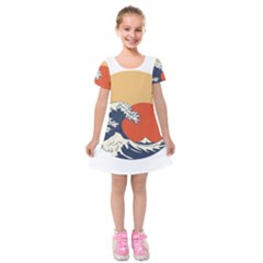 The Great Wave Off Kanagawa Waves Kids  Short Sleeve Velvet Dress