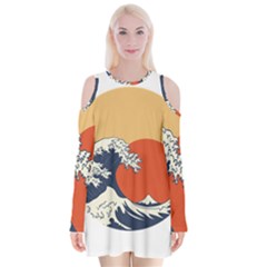 The Great Wave Off Kanagawa Waves Velvet Long Sleeve Shoulder Cutout Dress