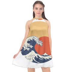 The Great Wave Off Kanagawa Waves Halter Neckline Chiffon Dress  by Wegoenart