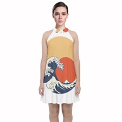 The Great Wave Off Kanagawa Waves Velvet Halter Neckline Dress 