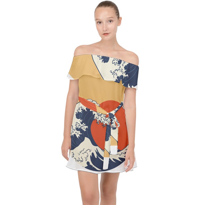 The Great Wave Off Kanagawa Waves Off Shoulder Chiffon Dress