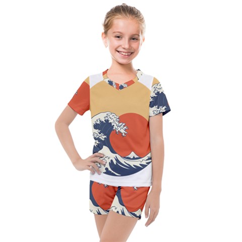 The Great Wave Off Kanagawa Waves Kids  Mesh Tee And Shorts Set by Wegoenart