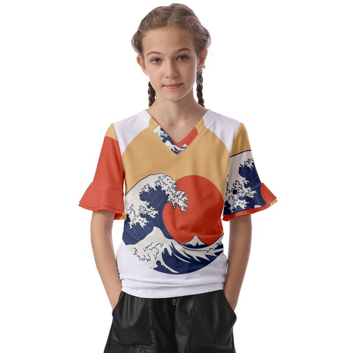 The Great Wave Off Kanagawa Waves Kids  V-Neck Horn Sleeve Blouse