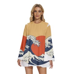 The Great Wave Off Kanagawa Waves Round Neck Long Sleeve Bohemian Style Chiffon Mini Dress by Wegoenart