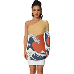 The Great Wave Off Kanagawa Waves Long Sleeve One Shoulder Mini Dress by Wegoenart