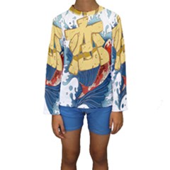 Wave Fish Koi Splash Character Carp Kids  Long Sleeve Swimwear by Wegoenart