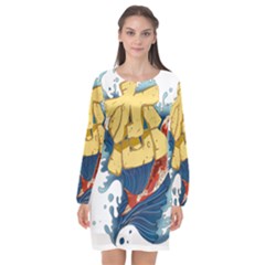 Wave Fish Koi Splash Character Carp Long Sleeve Chiffon Shift Dress  by Wegoenart