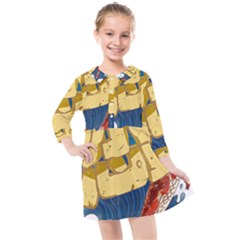 Wave Fish Koi Splash Character Carp Kids  Quarter Sleeve Shirt Dress by Wegoenart