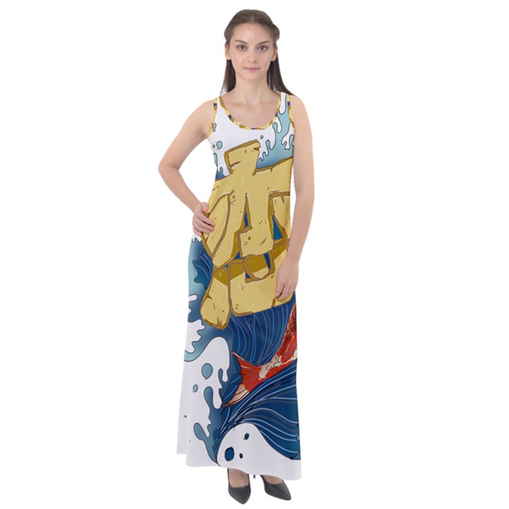 Wave Fish Koi Splash Character Carp Sleeveless Velour Maxi Dress