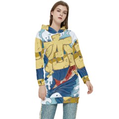 Wave Fish Koi Splash Character Carp Women s Long Oversized Pullover Hoodie