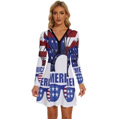 Usa Flag Sunglasses Usa Flag American Flag Flower Long Sleeve Deep V Mini Dress  by Wegoenart