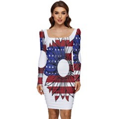 Us Flag Flower Sunshine Flag America Usa Women Long Sleeve Ruched Stretch Jersey Dress by Wegoenart