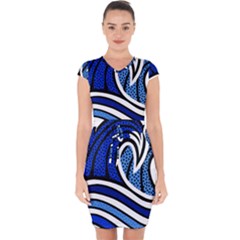 Print Water Waves Capsleeve Drawstring Dress  by Wegoenart