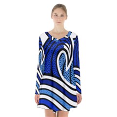 Print Water Waves Long Sleeve Velvet V-neck Dress