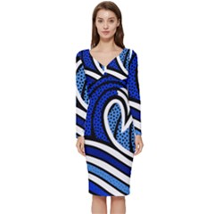 Print Water Waves Long Sleeve V-neck Bodycon Dress  by Wegoenart