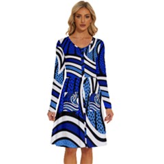 Print Water Waves Long Sleeve Dress With Pocket by Wegoenart