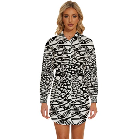 Illusions Abstract Black And White Patterns Swirls Womens Long Sleeve Shirt Dress by Wegoenart