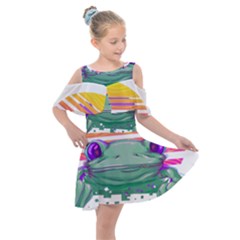 Frog Animal Sun Amphibian Figure Digital Art Kids  Shoulder Cutout Chiffon Dress by Wegoenart