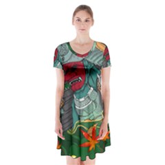 Armor Japan Maple Leaves Samurai Mask Cut Short Sleeve V-neck Flare Dress by Wegoenart