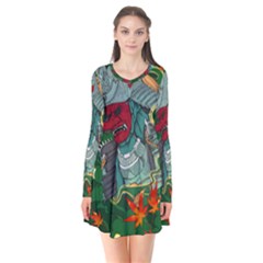 Armor Japan Maple Leaves Samurai Mask Cut Long Sleeve V-neck Flare Dress by Wegoenart