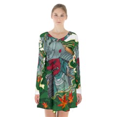 Armor Japan Maple Leaves Samurai Mask Cut Long Sleeve Velvet V-neck Dress