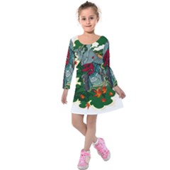 Armor Japan Maple Leaves Samurai Mask Cut Kids  Long Sleeve Velvet Dress