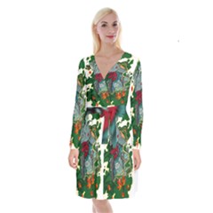 Armor Japan Maple Leaves Samurai Mask Cut Long Sleeve Velvet Front Wrap Dress by Wegoenart